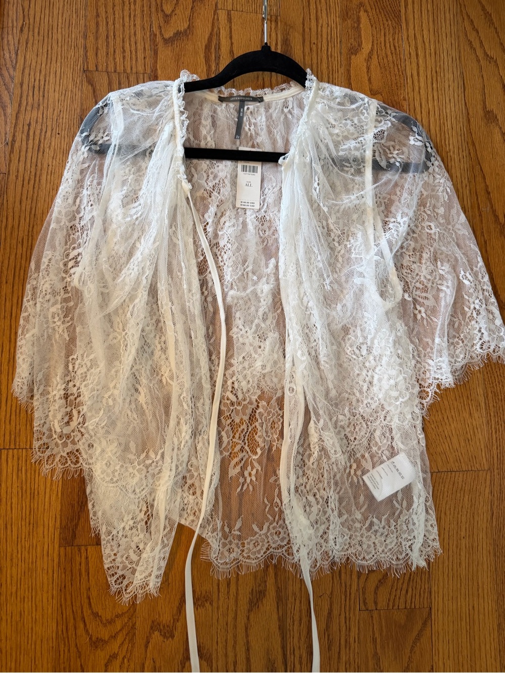 Anthropologie White Sheer Floral Lace Cape with Tie Front